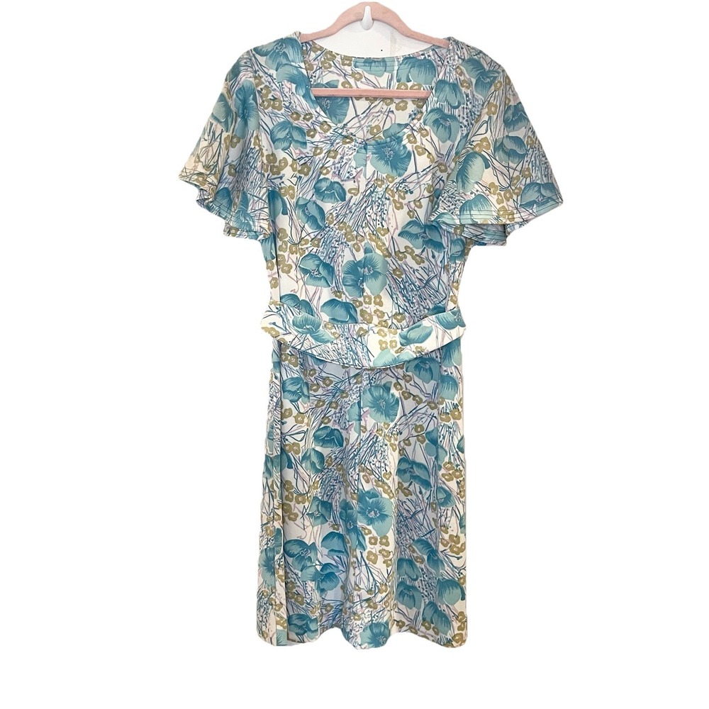 VTG‎ 60s 70s Beeline Fashions Mod Floral Belted Dress Flutter Sleeve Blue 12